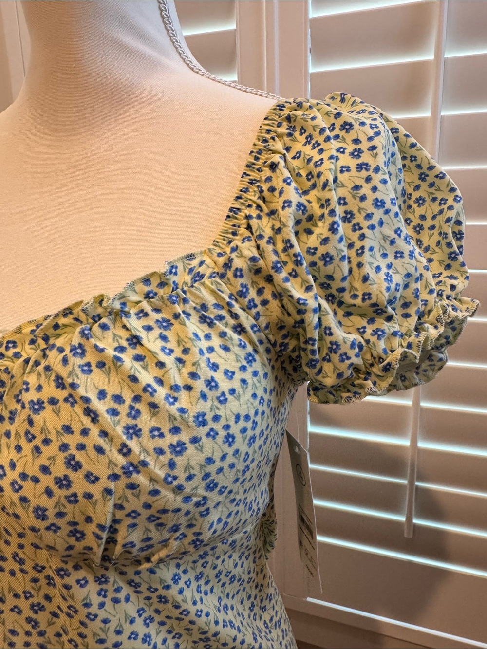 No Boundaries Yellow Floral Puff Sleeve Midi Dress with Blue Print